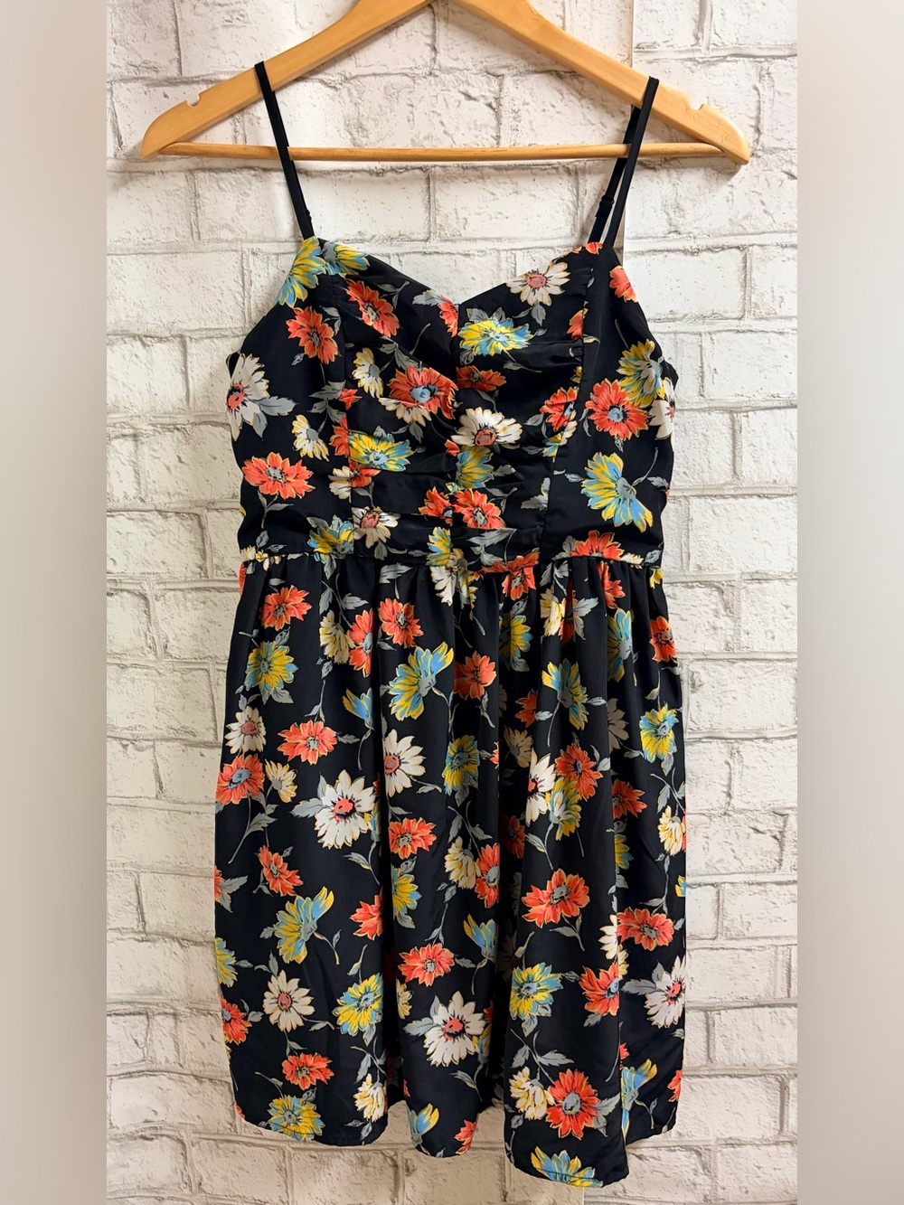 Xhilaration Black Floral Spaghetti-Strap Dress with Coral, Yellow & White Blooms